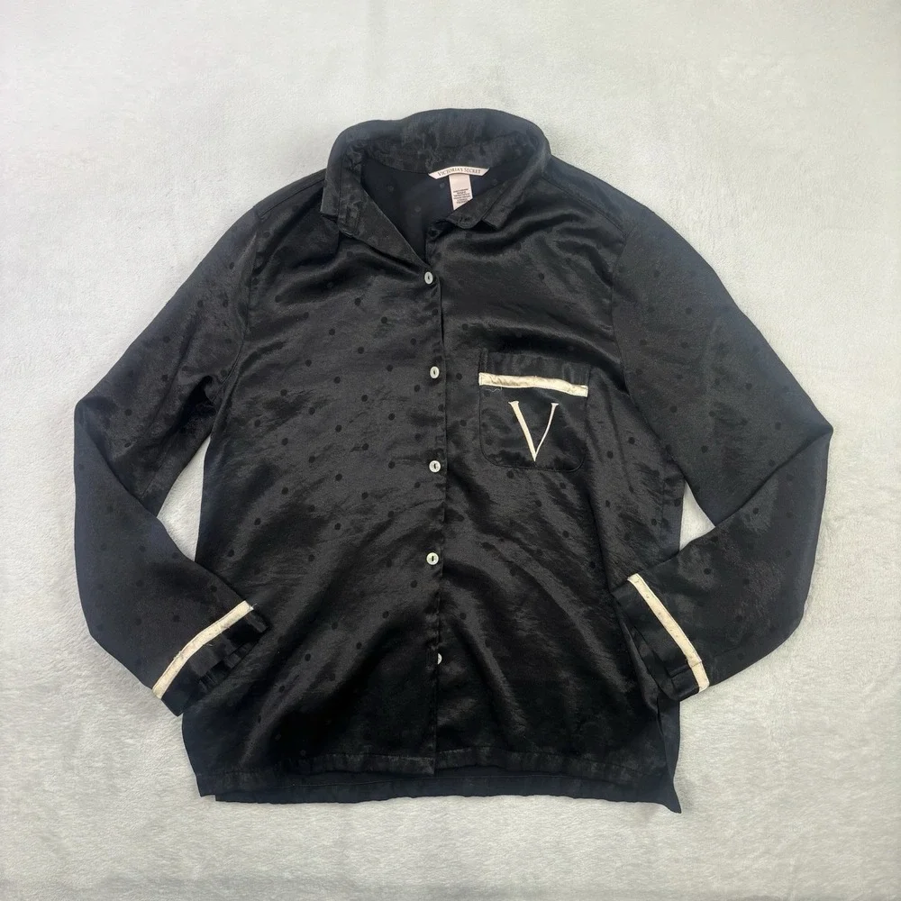 Victoria's Secret Black Long Sleeve Button Up Pajama Top Blouse Women's Small
